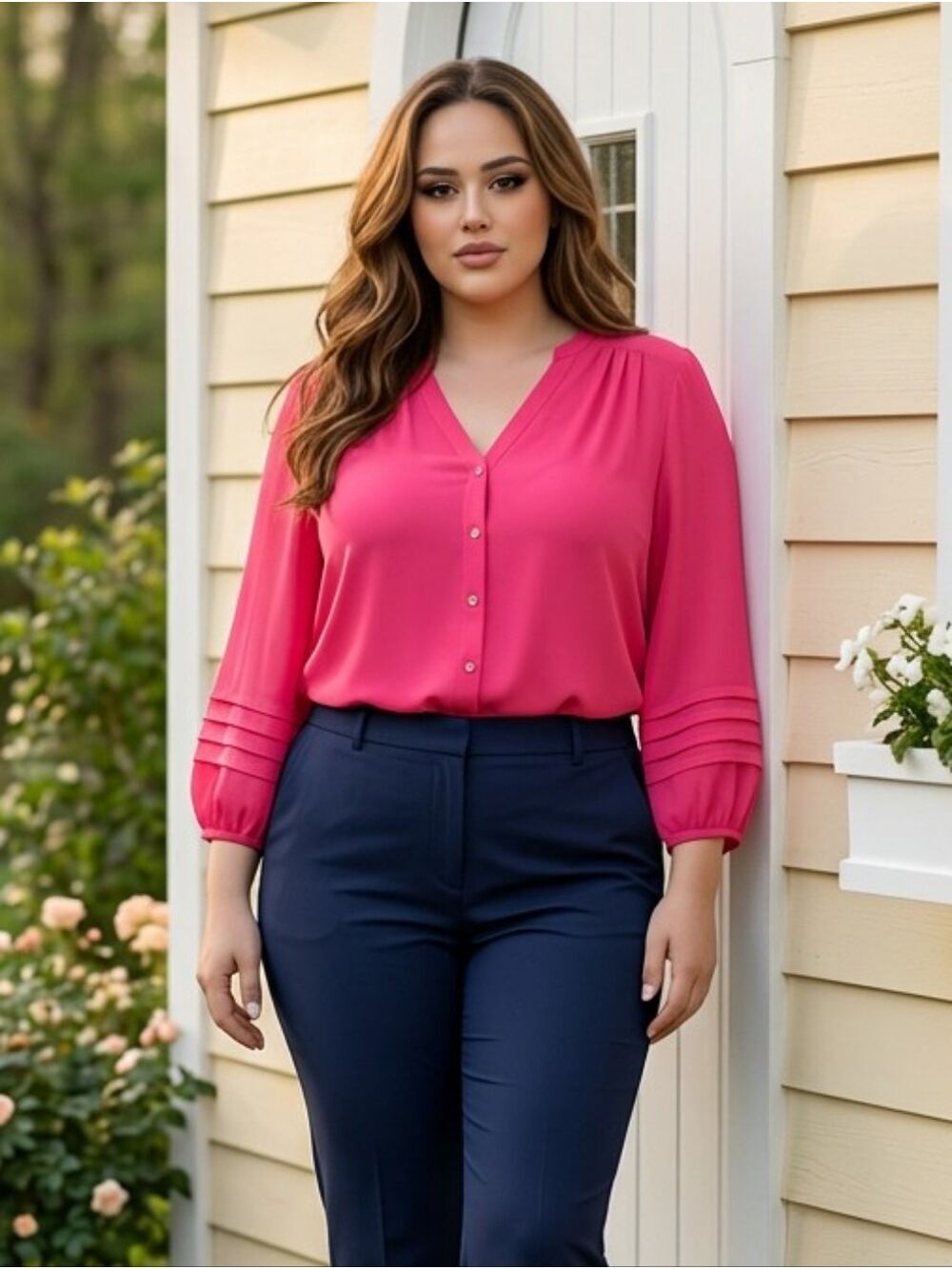 Calvin Klein Blouse Button Down Top Pleated Sleeve Coral Pink, large size